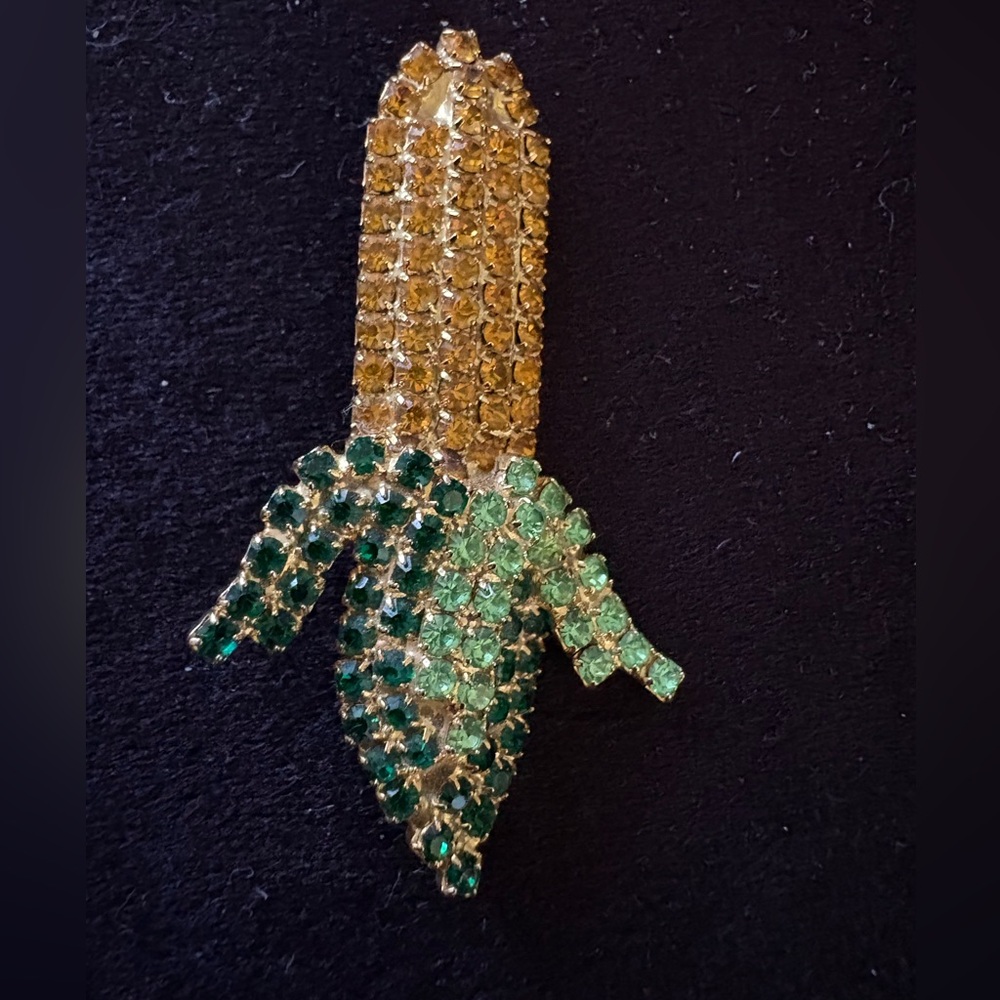 🌽 1950s Rhinestone Corn on the Cob Brooch Pin Mid Century Costume Jewelry VTG